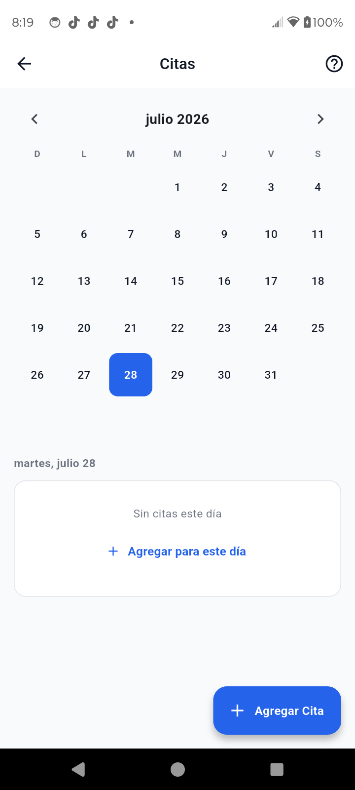 Calendario de citas con alerta de conflicto en vivo