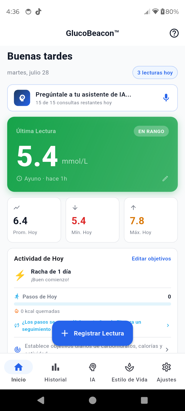 Panel de GlucoBeacon mostrando azúcar en la sangre en rango