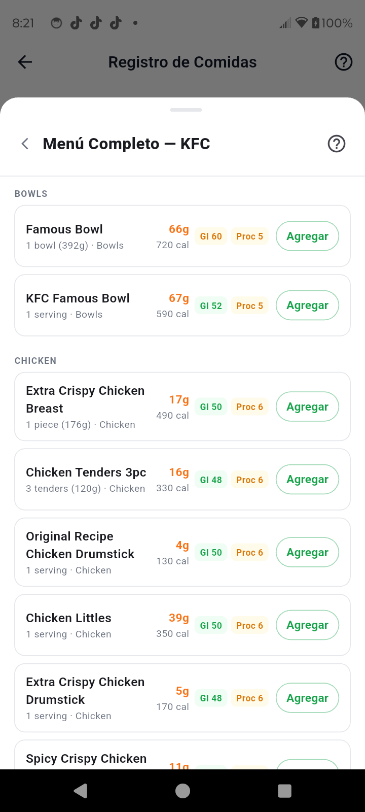 Conteo de carbohidratos del menú de KFC en el asesor de restaurantes