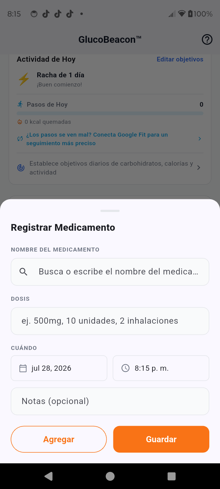 Registro de medicamentos para diabetes con autocompletado