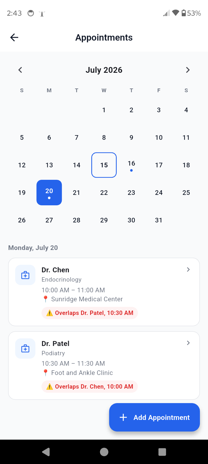 Appointments calendar with live conflict warning