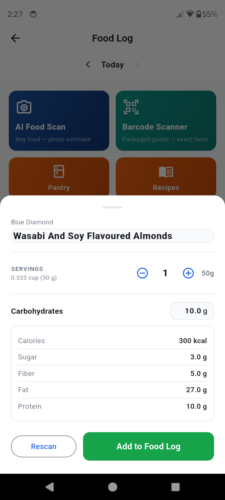 Barcode scanner nutrition result for packaged food