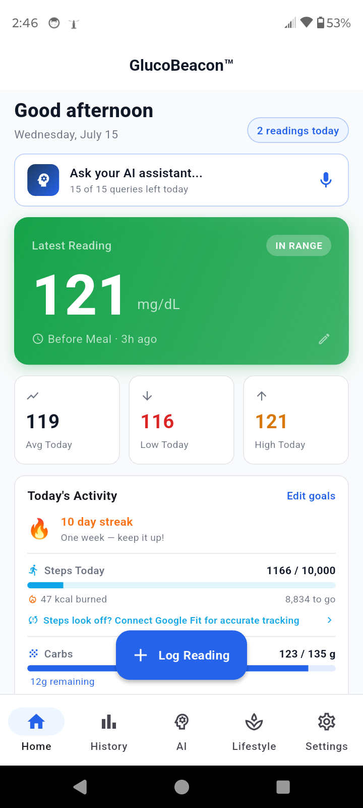 GlucoBeacon dashboard showing blood sugar in range