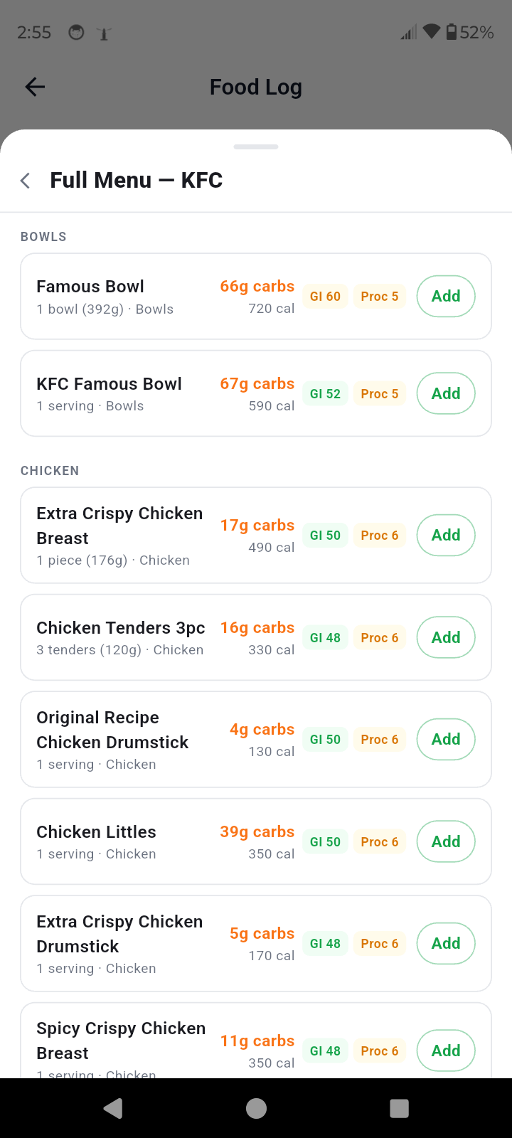 KFC menu carb counts in the diabetes restaurant advisor