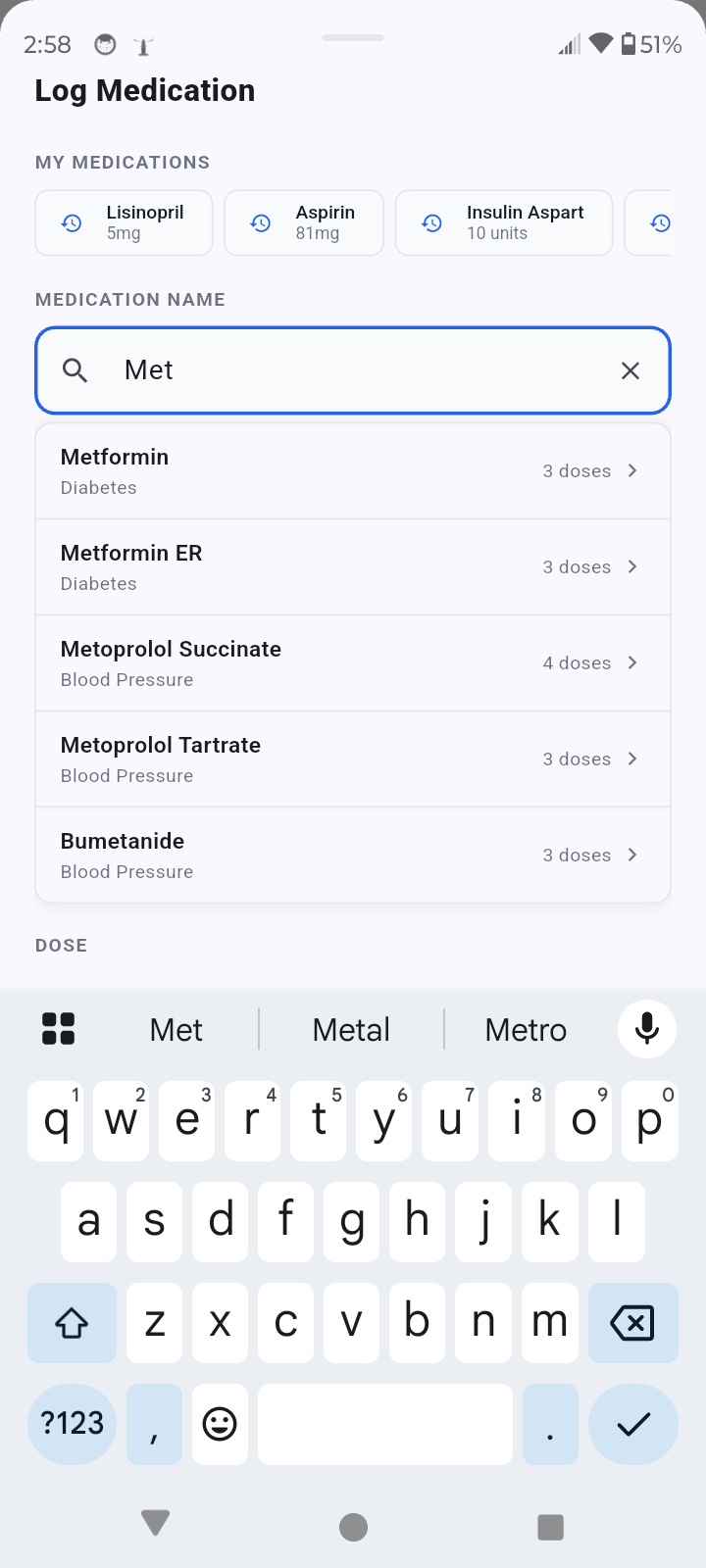 Diabetes medication logging with autocomplete