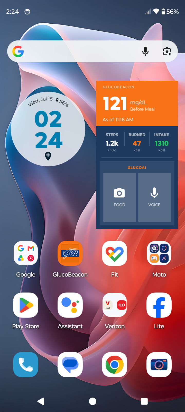 Home screen widget showing blood sugar, steps, and AI shortcuts